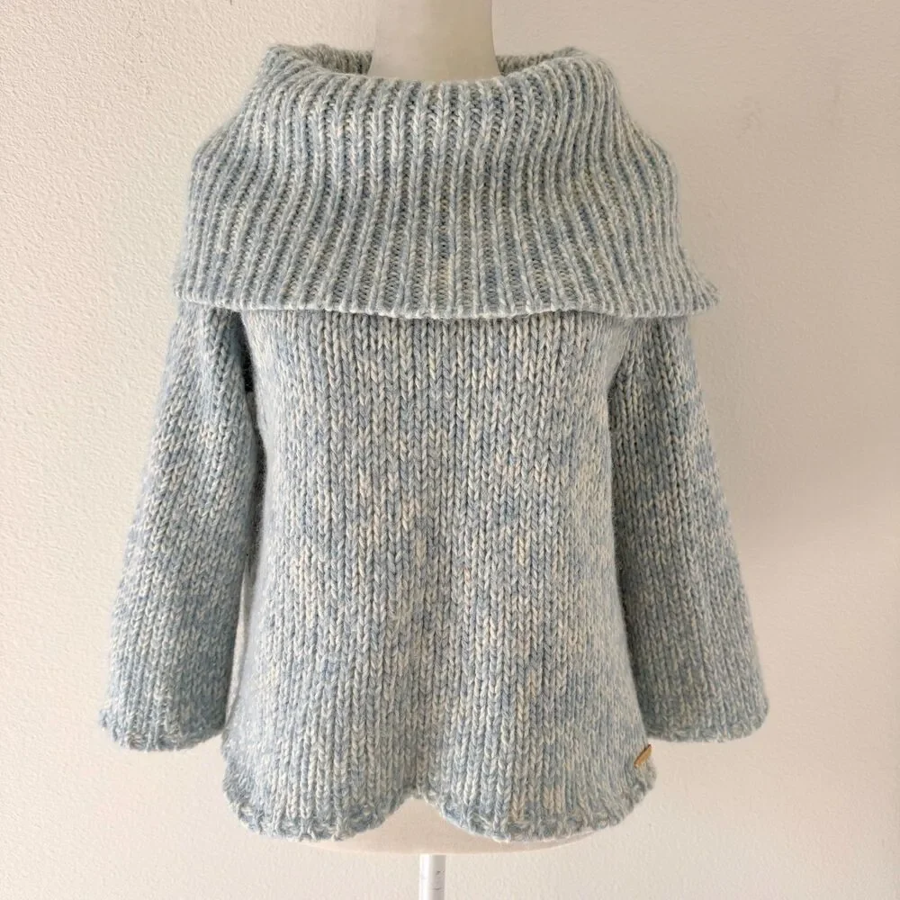 Pastel Blue Knitted Boxy Cowl Neck Sweater 3/4 Sleeves Cottage Cabin Core PL